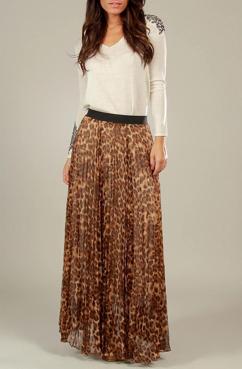 Leopard Print Pleated Maxi Skirt Kabayare
