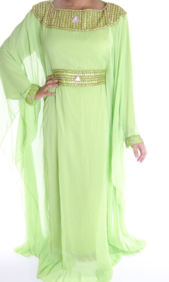 Lime Green neck Beaded Kaftan Kabayare