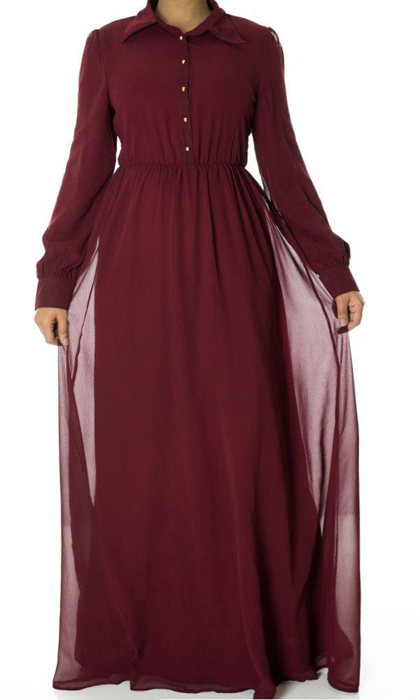 Maroon Buttons Chiffon Dress Kabayare