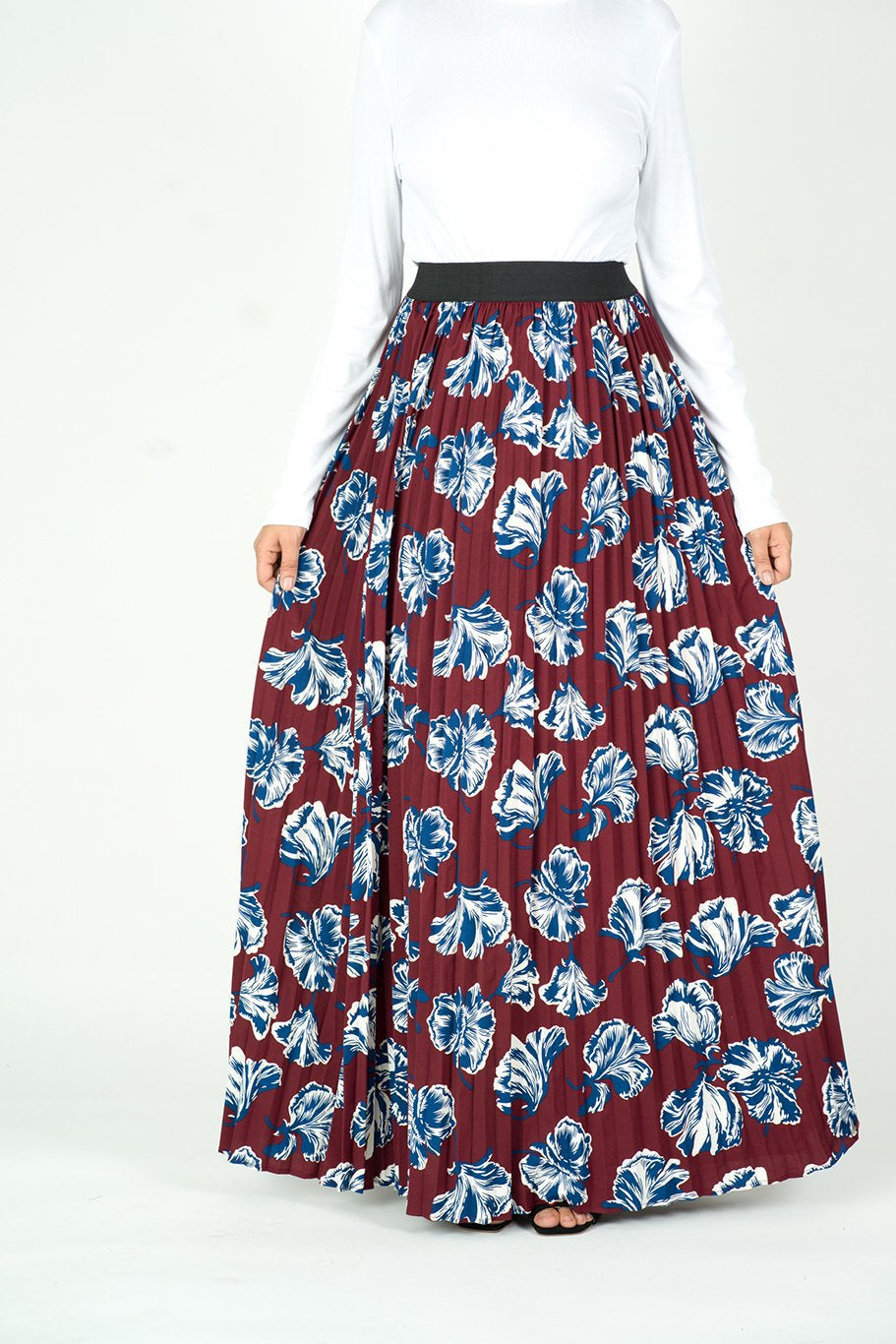 maroon floral pleated maxi skirt Kabayare