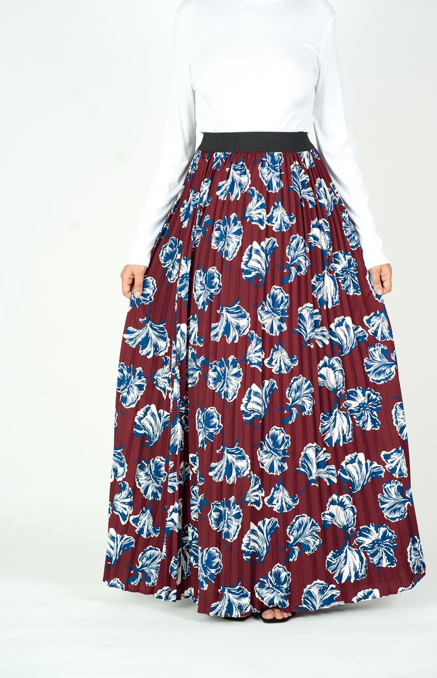 maroon floral pleated maxi skirt Kabayare