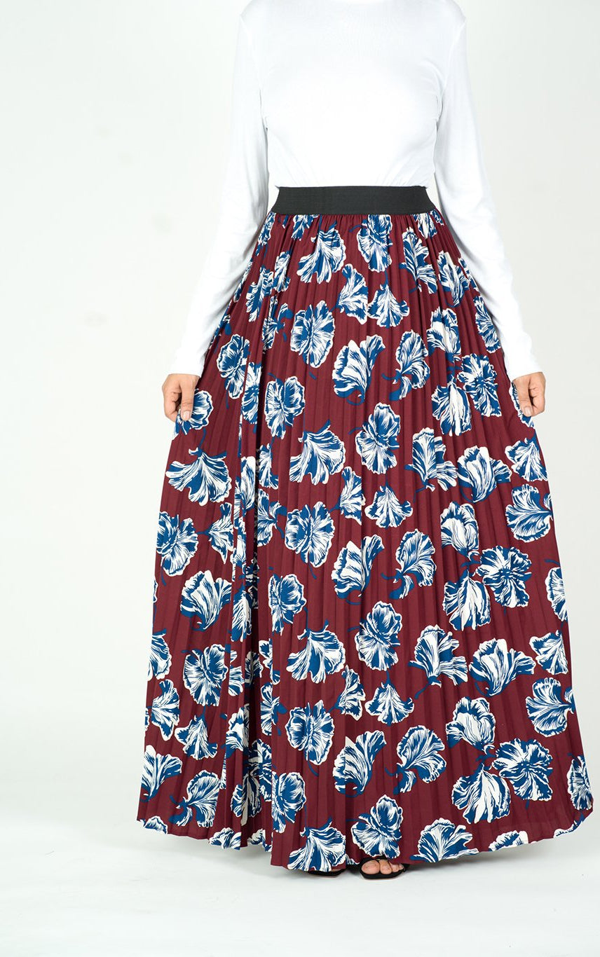 maroon floral pleated maxi skirt Kabayare