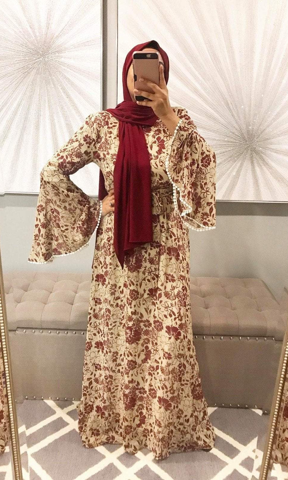 Maroon flourishing bell Sleeve maxi dress Kabayare