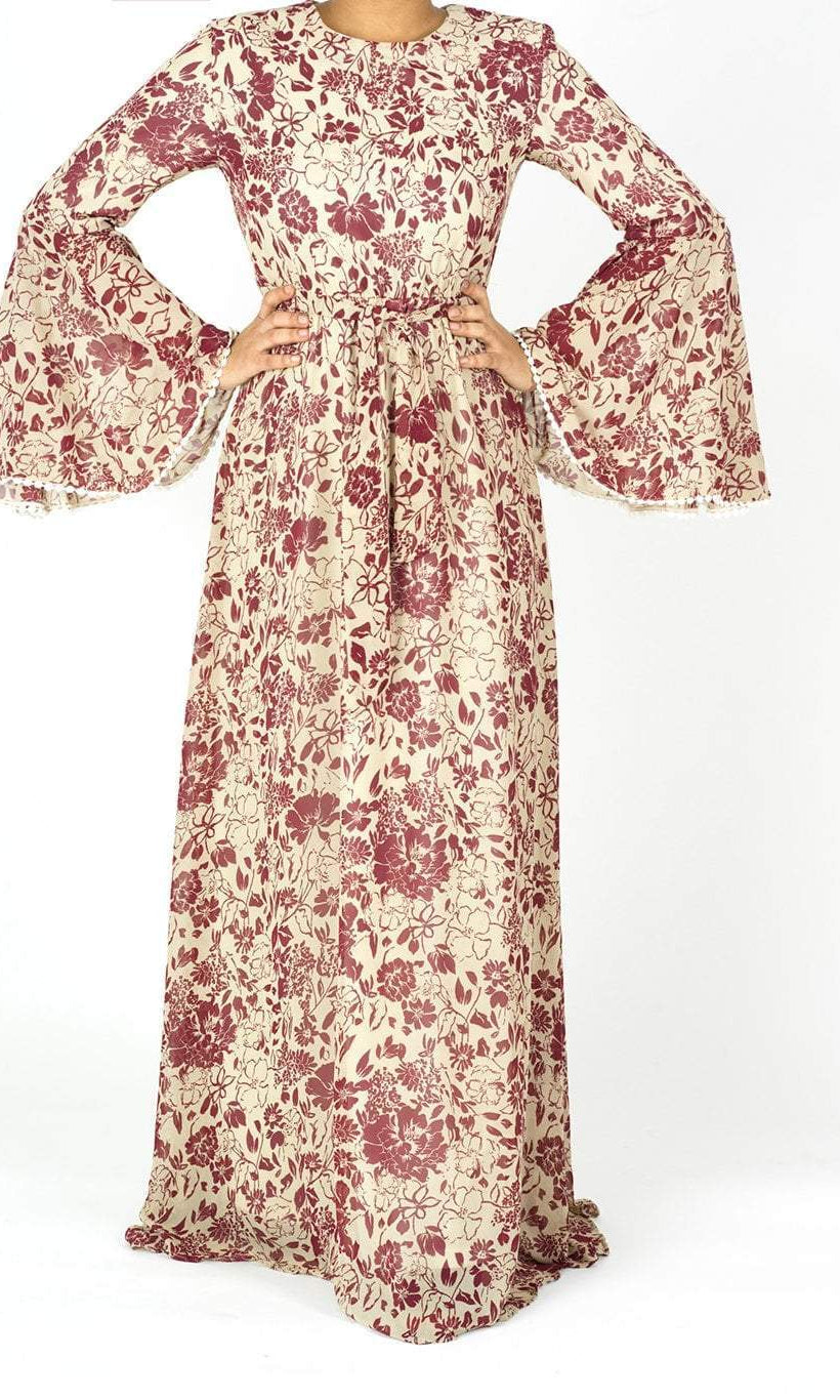 Maroon flourishing bell Sleeve maxi dress Kabayare