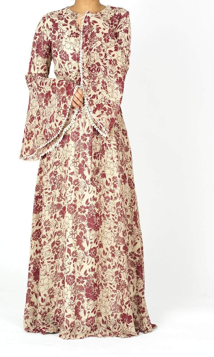 Maroon flourishing bell Sleeve maxi dress Kabayare