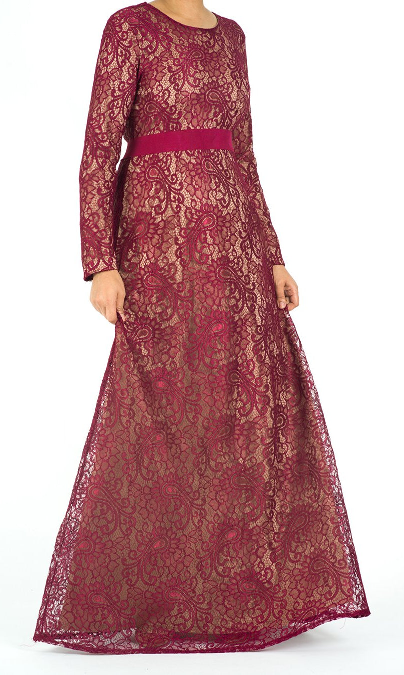 Maroon Lace Floral Fit and Flare Dress Kabayare