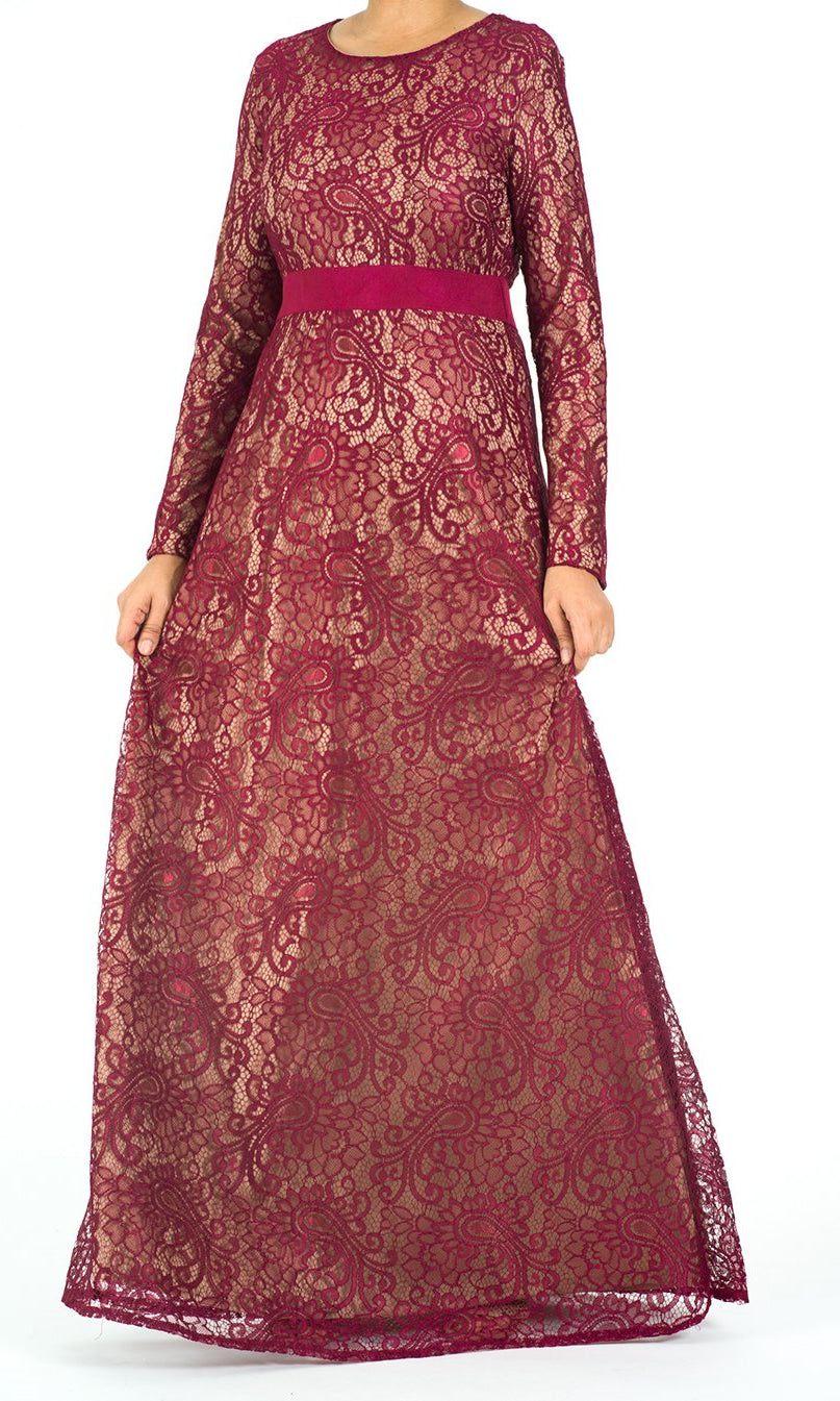 Maroon Lace Floral Fit and Flare Dress Kabayare
