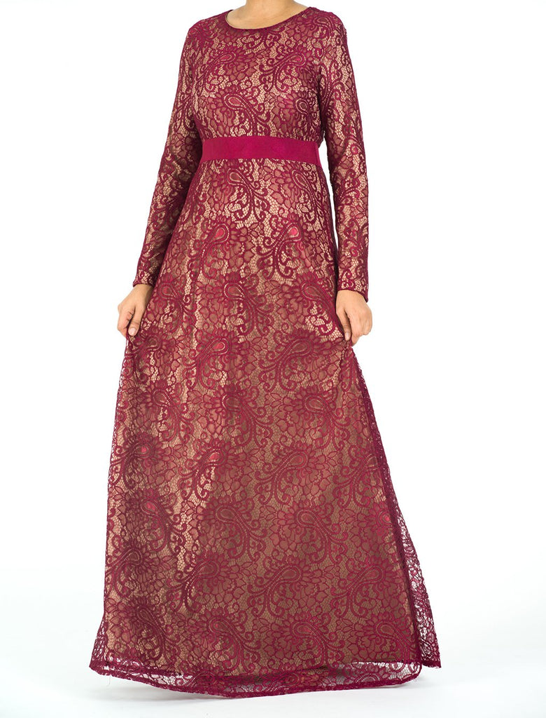 Maroon Lace Floral Fit and Flare Dress Kabayare