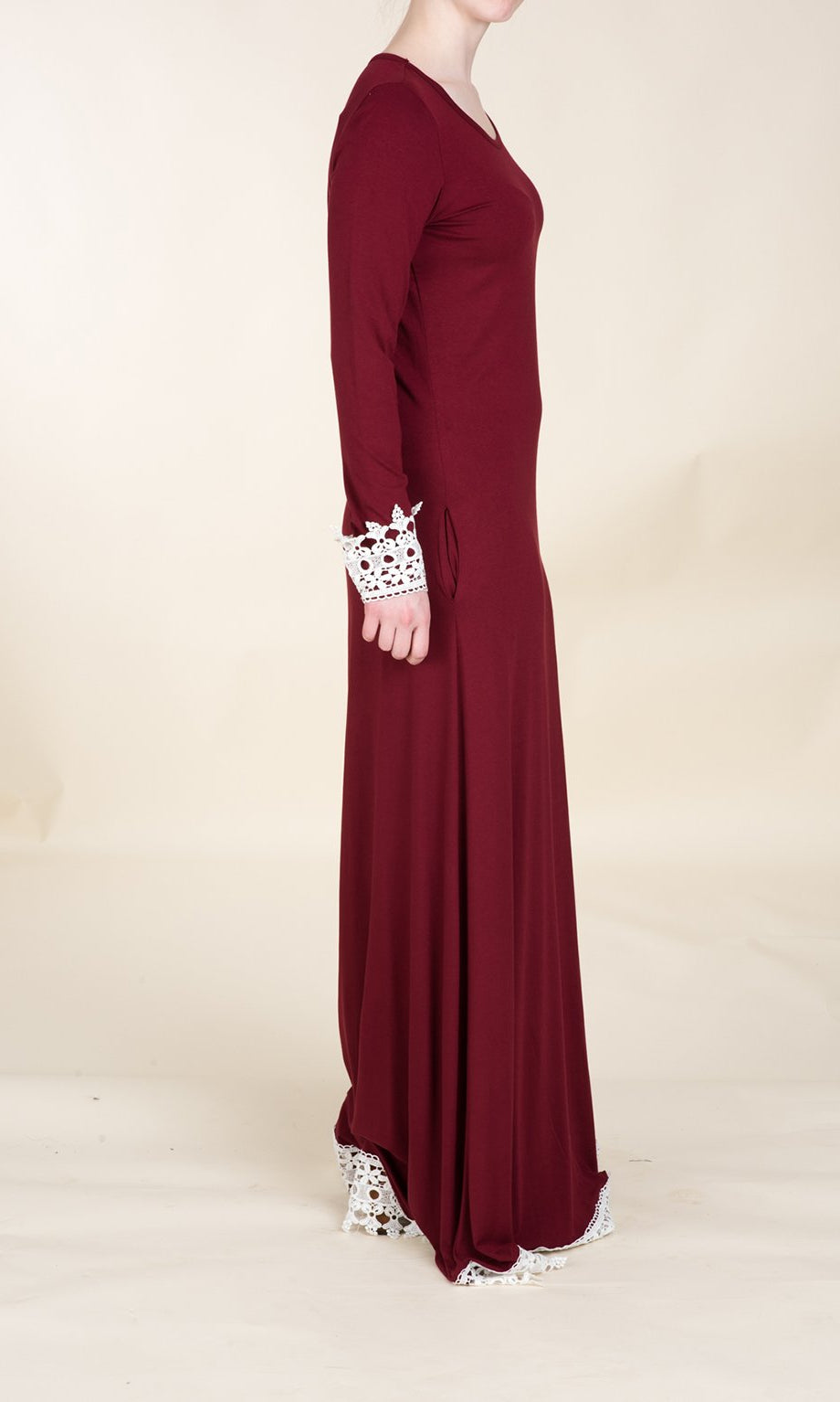 Maroon Lace Trim Jersey Dress Kabayare