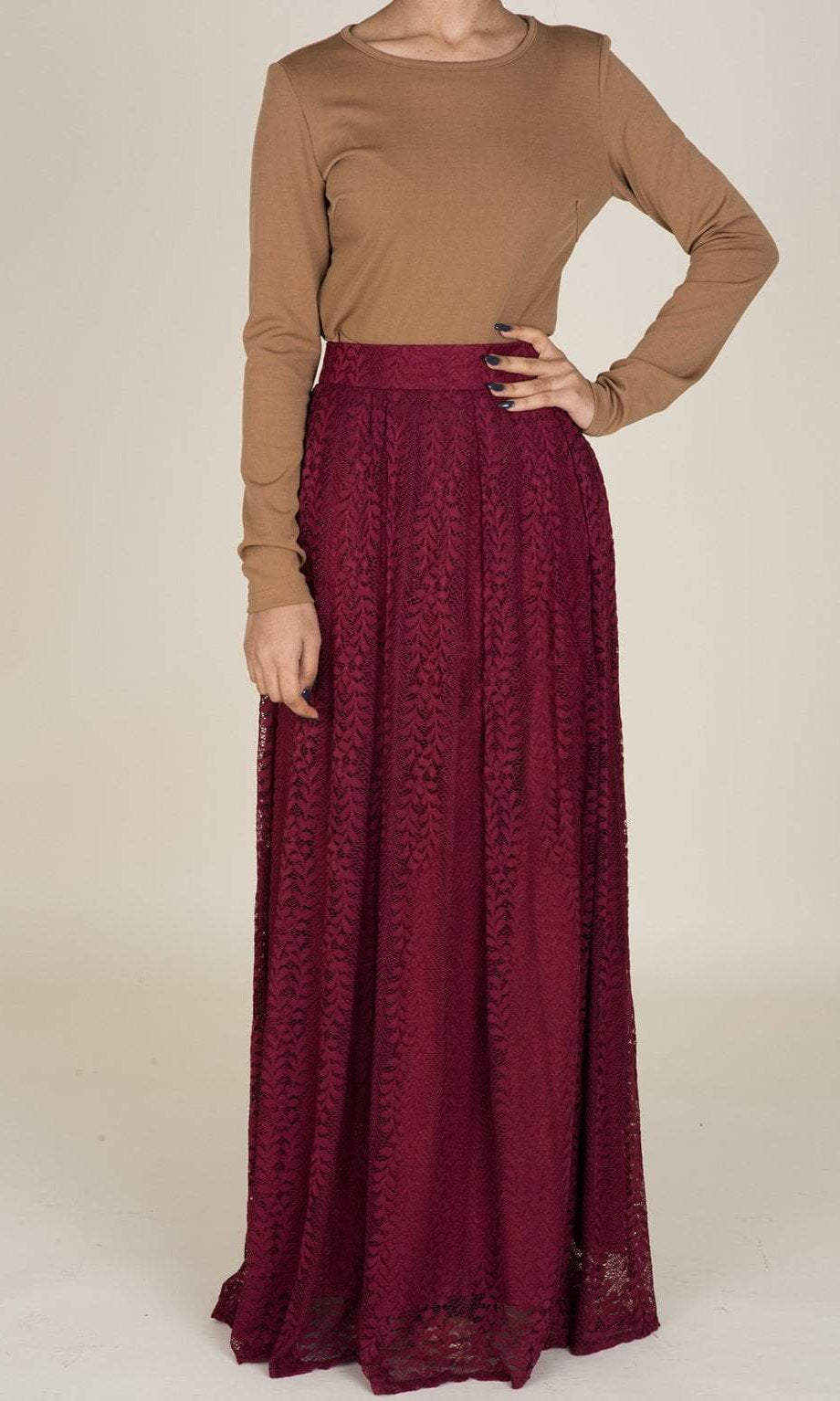 Maroon Leaves Lace Maxi Skirt Kabayare