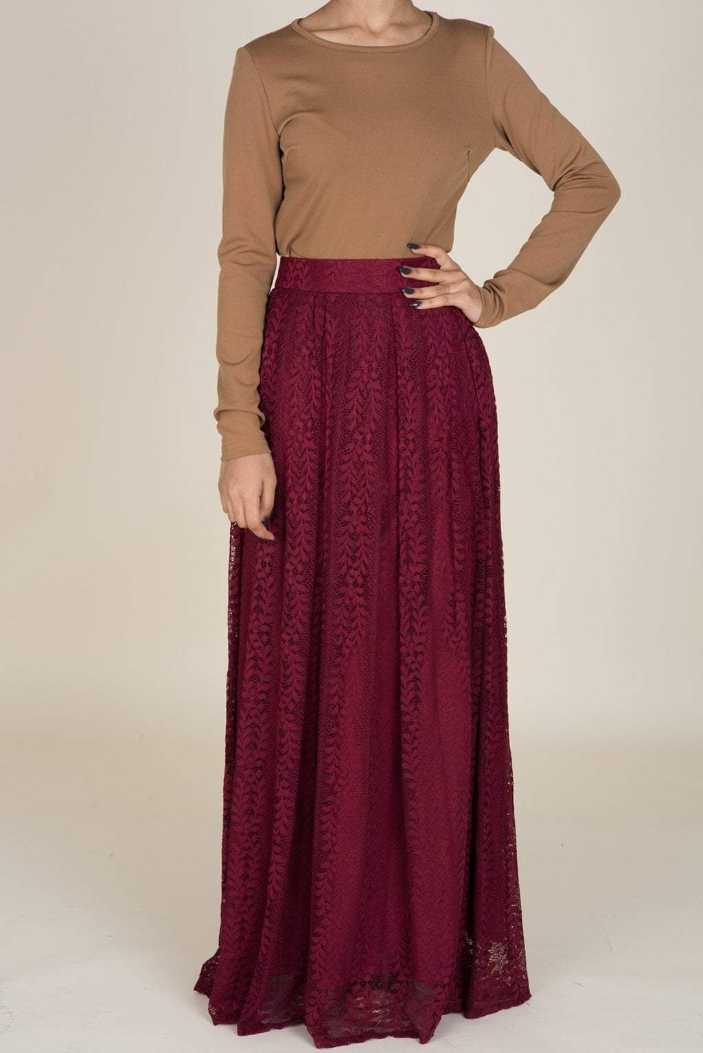 Maroon Leaves Lace Maxi Skirt Kabayare