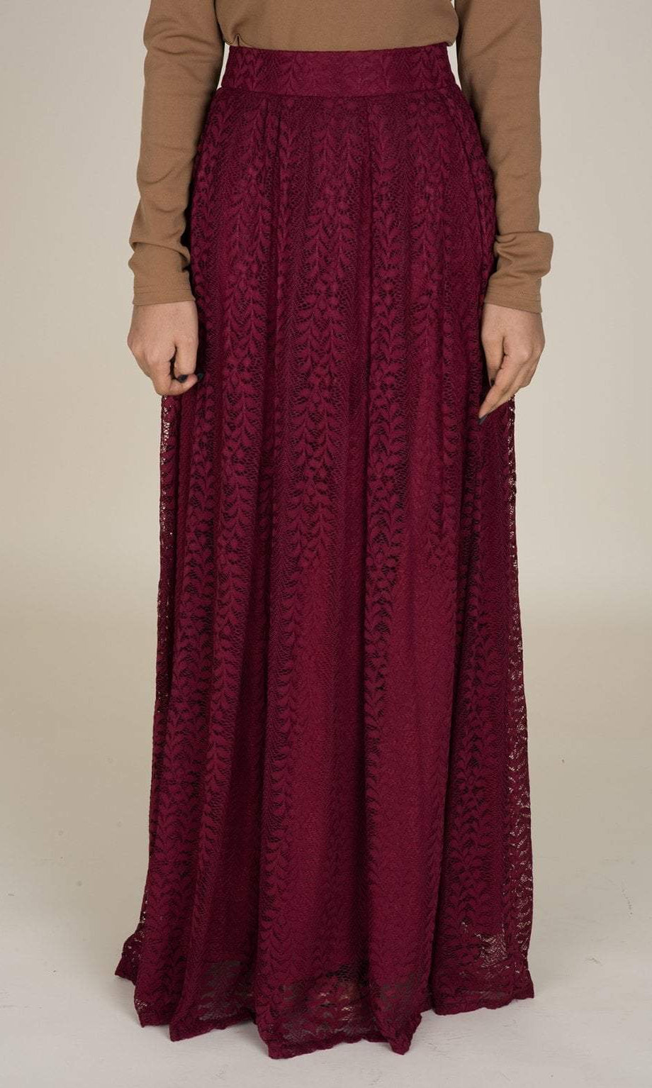 Maroon Leaves Lace Maxi Skirt Kabayare