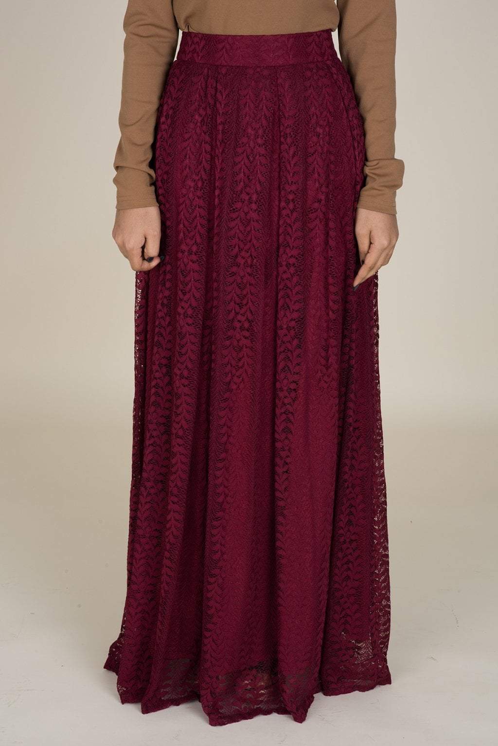 Maroon Leaves Lace Maxi Skirt Kabayare