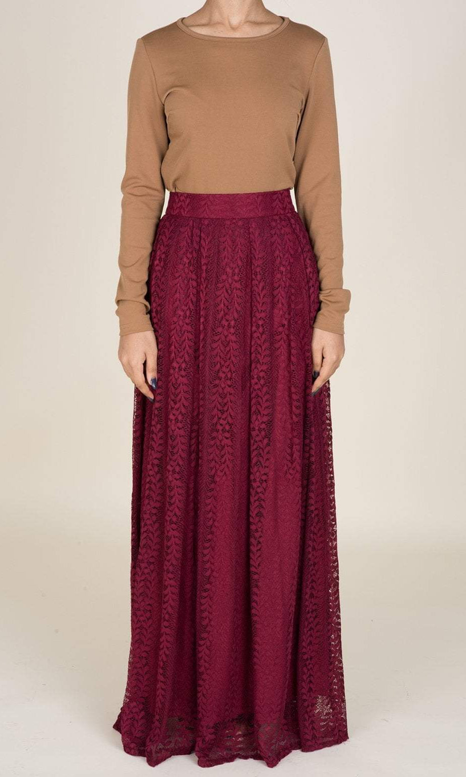 Maroon Leaves Lace Maxi Skirt Kabayare