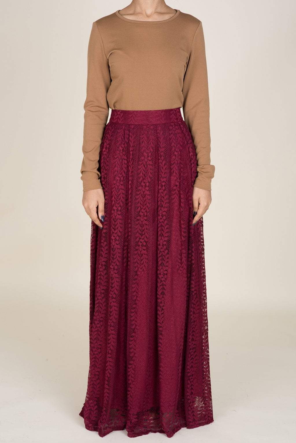Maroon Leaves Lace Maxi Skirt Kabayare