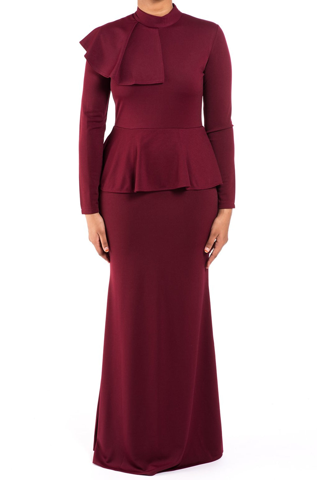 Maroon mock neck peplum dress Kabayare
