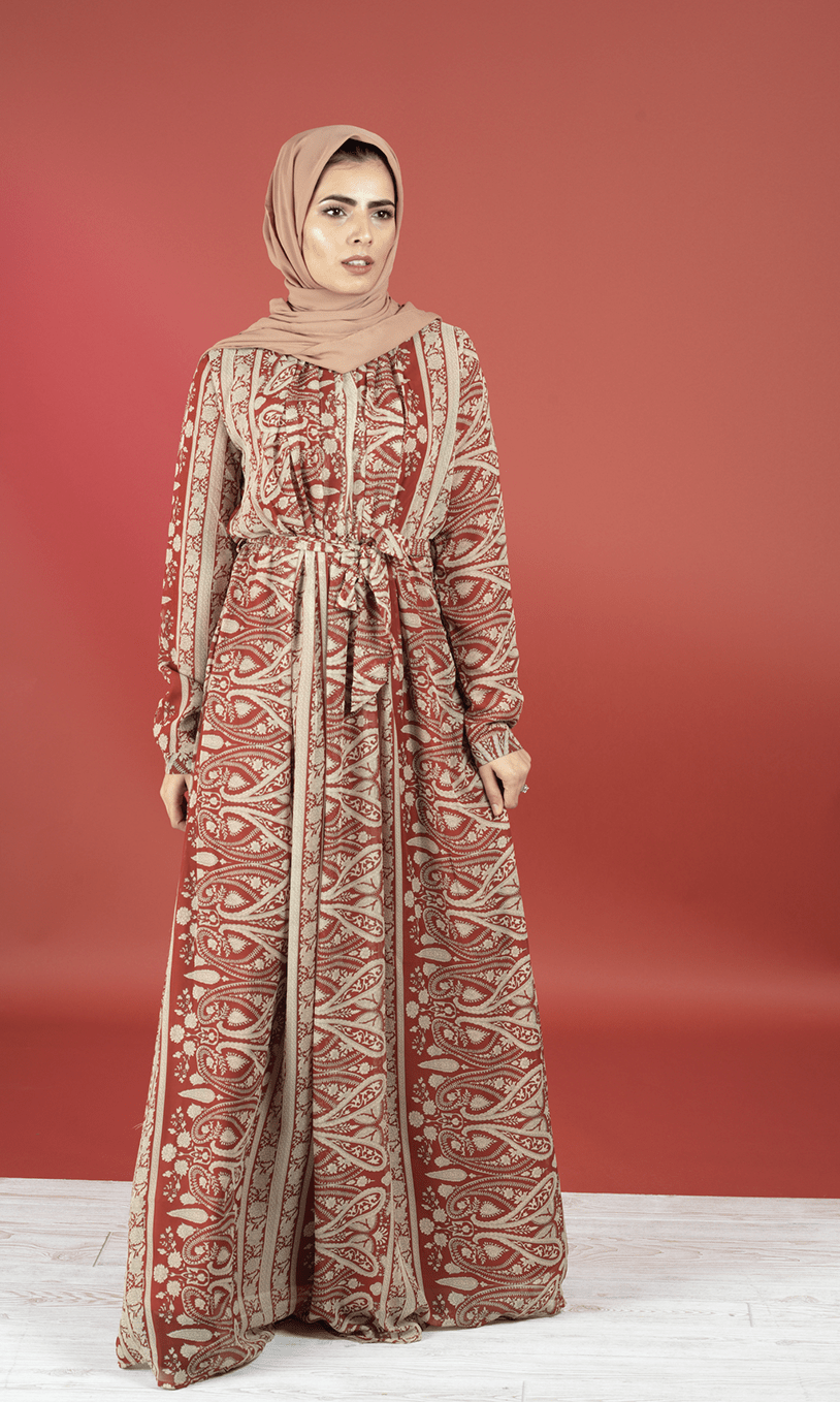 maroon vertical paisley Chiffon Dress Kabayare
