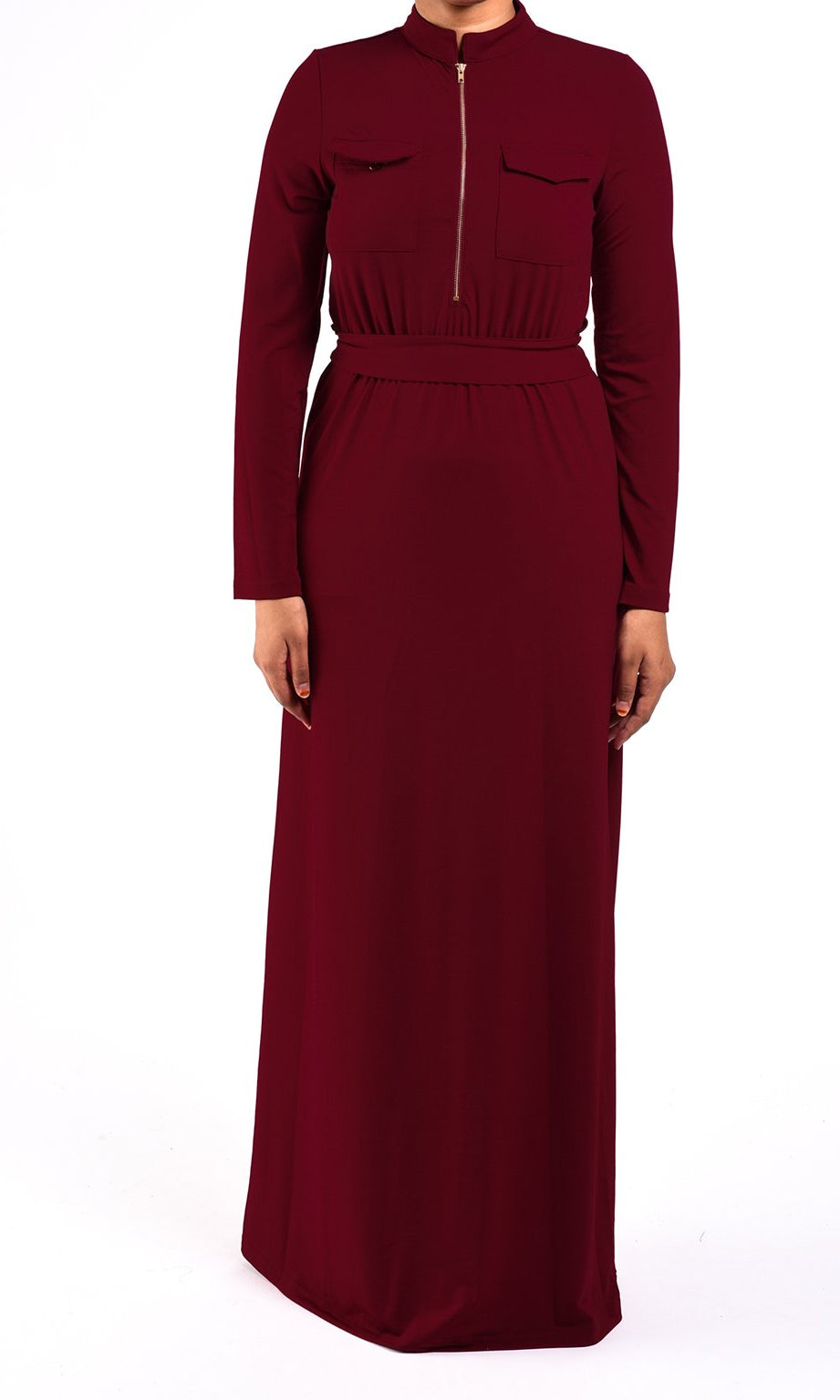 Maroon Zipper Front Maxi Dress Kabayare