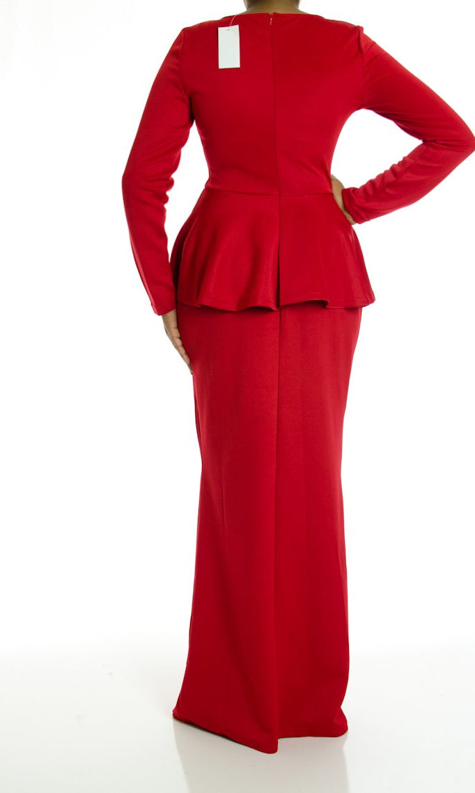 Mellow Red Long Sleeve Peplum Maxi Dress Kabayare