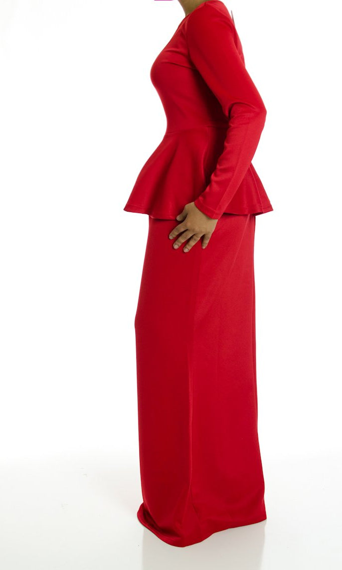 Mellow Red Long Sleeve Peplum Maxi Dress Kabayare