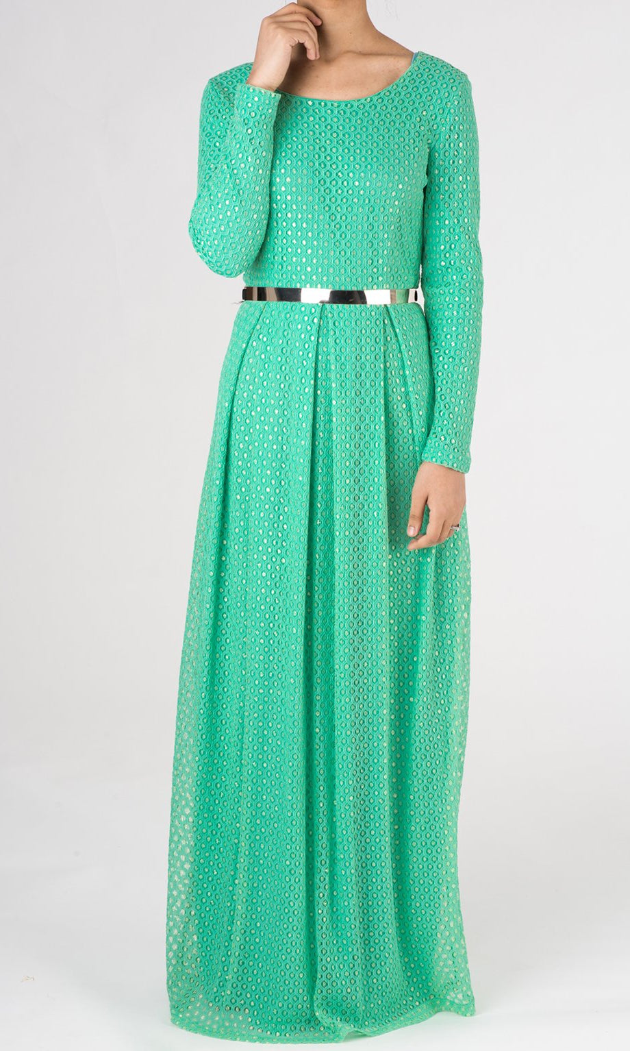 Mint Dots with Golden Pattern Lace Dress Kabayare