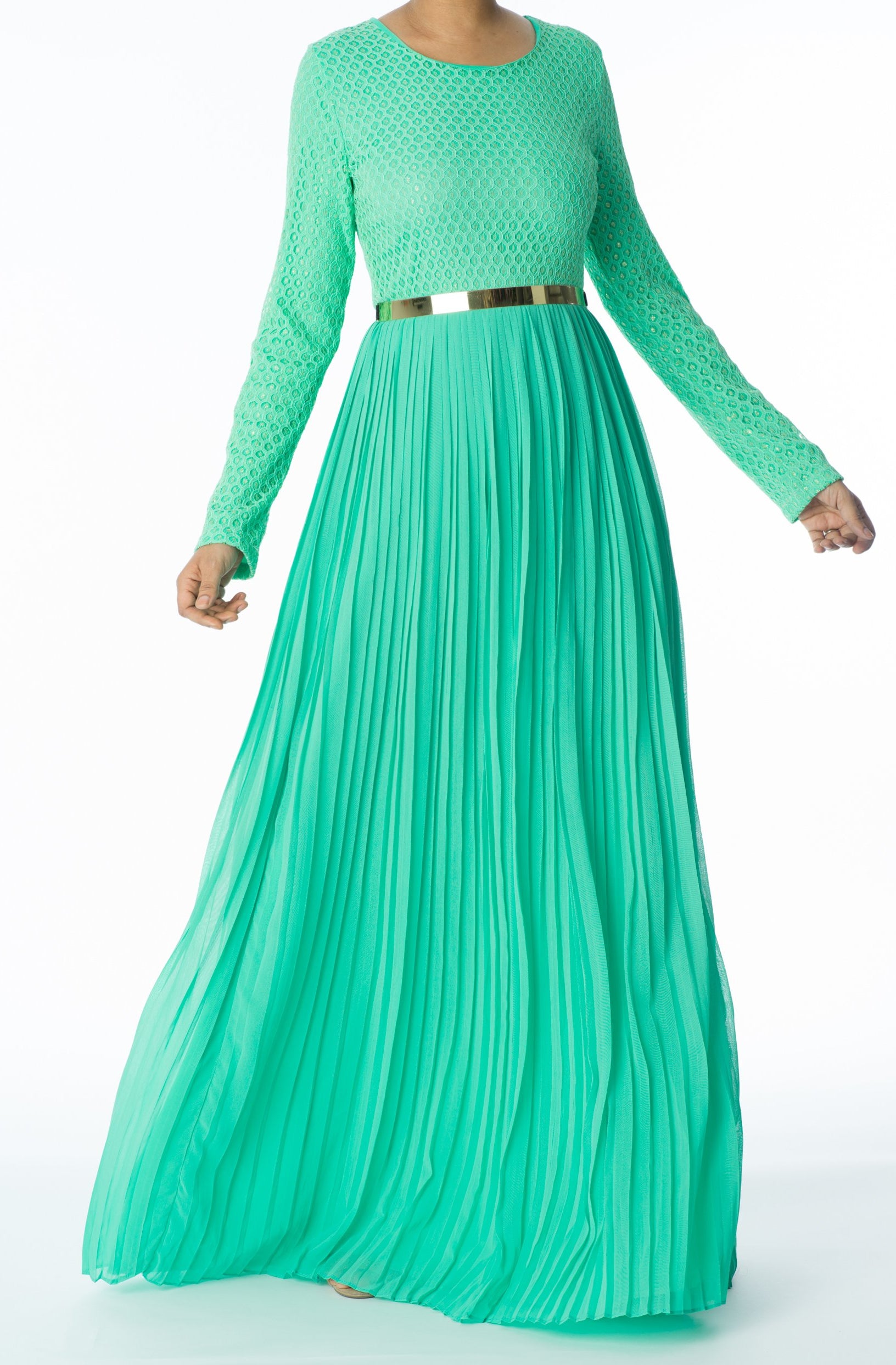 Mint Golden Pleated Maxi Dress Kabayare