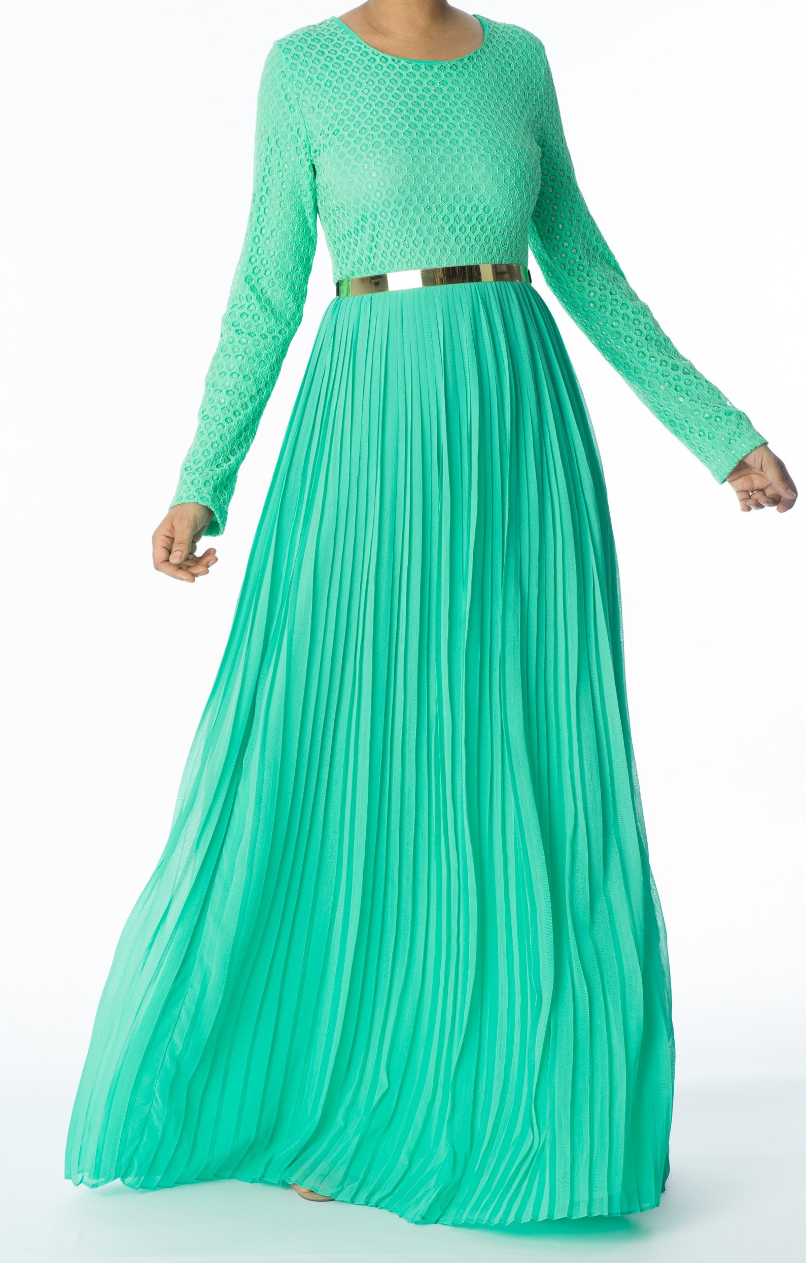 Mint Golden Pleated Maxi Dress Kabayare