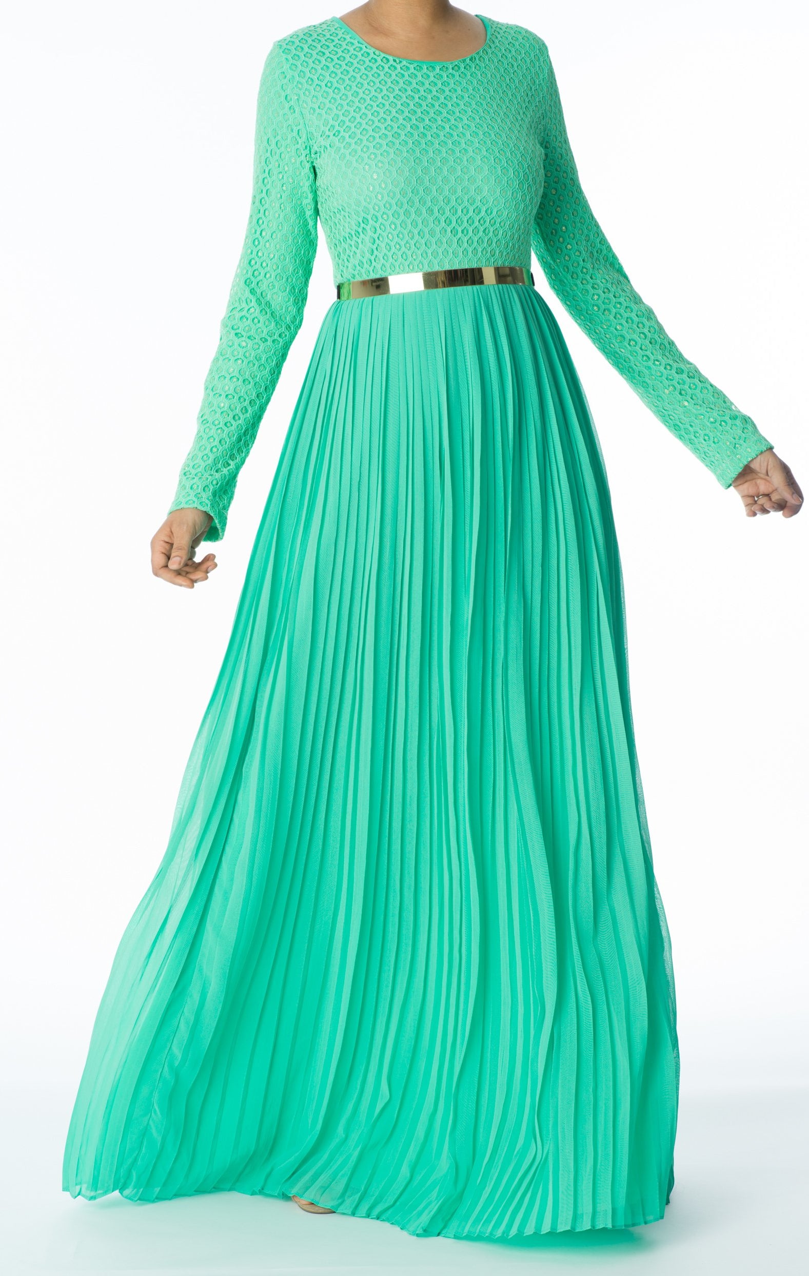Mint Golden Pleated Maxi Dress Kabayare