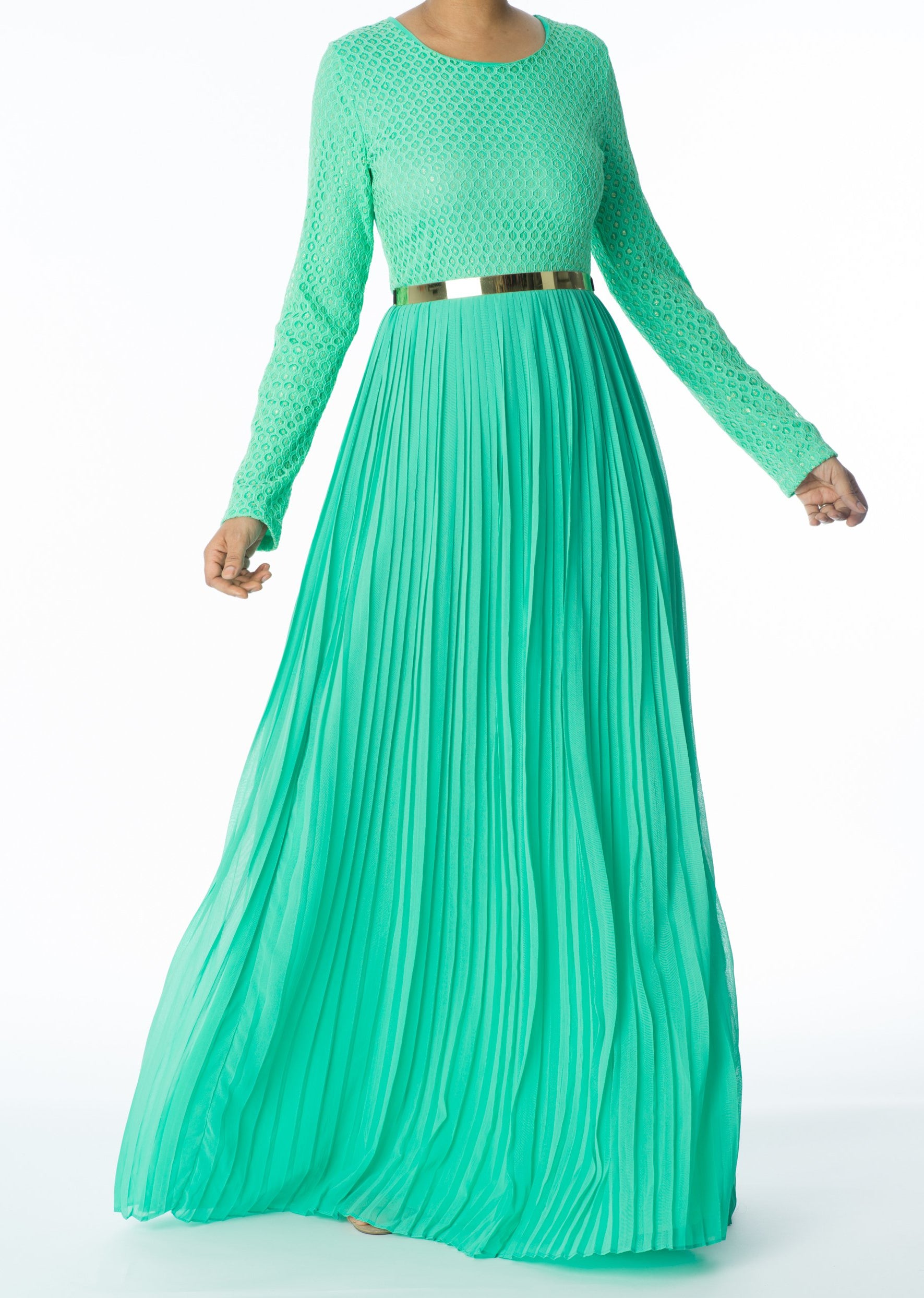 Mint Golden Pleated Maxi Dress Kabayare