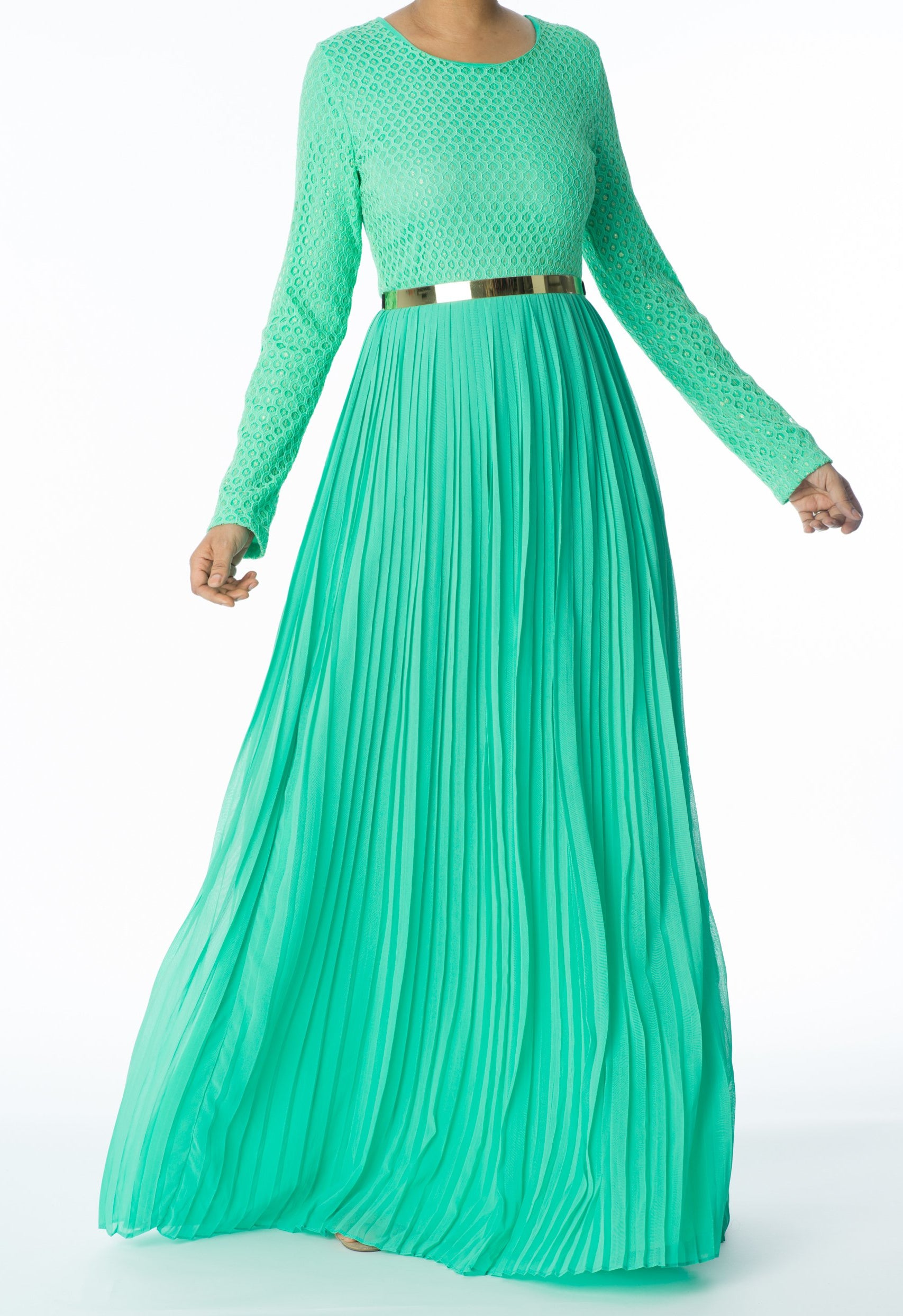 Mint Golden Pleated Maxi Dress Kabayare