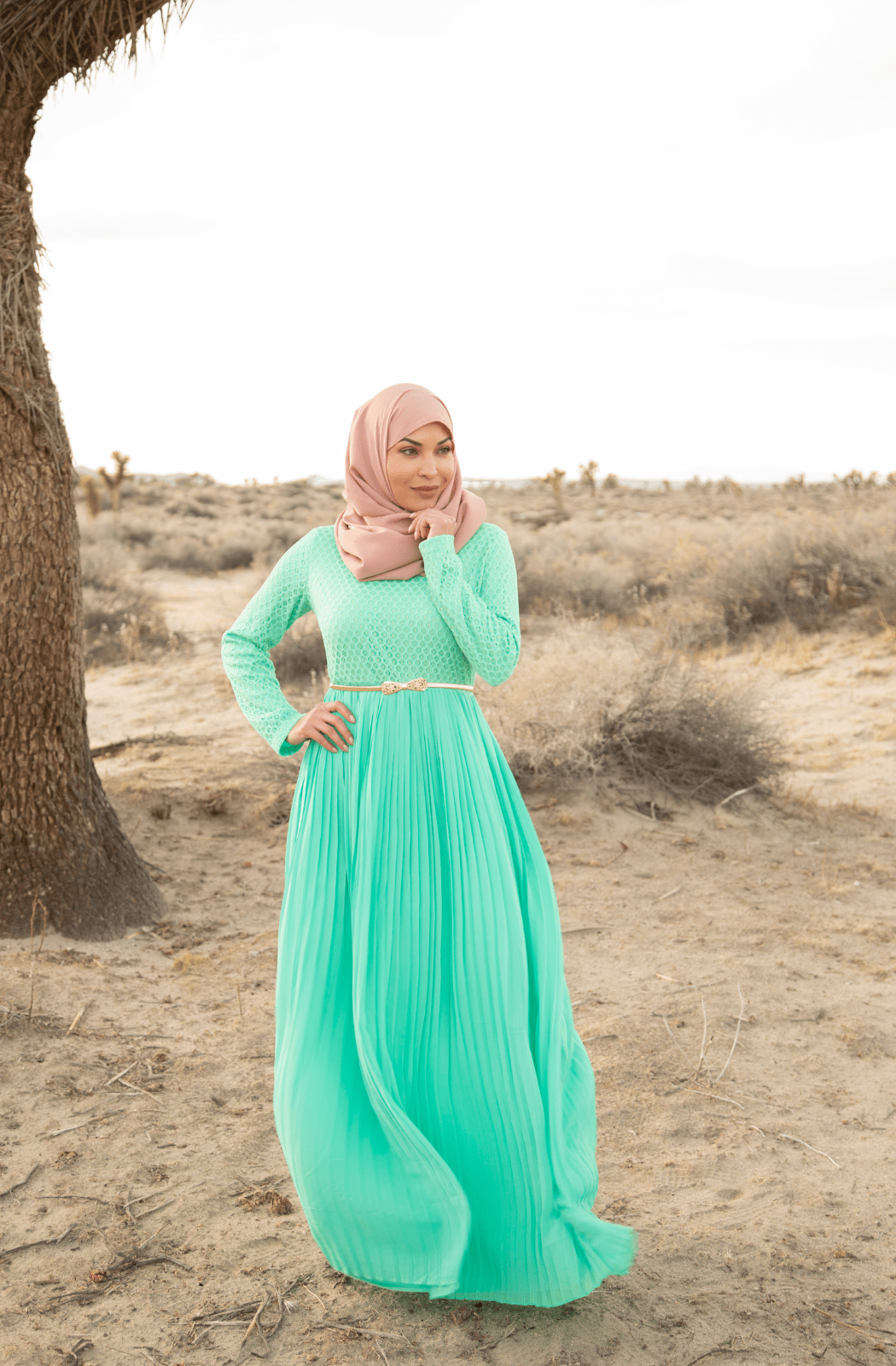 Mint Golden Pleated Maxi Dress Kabayare