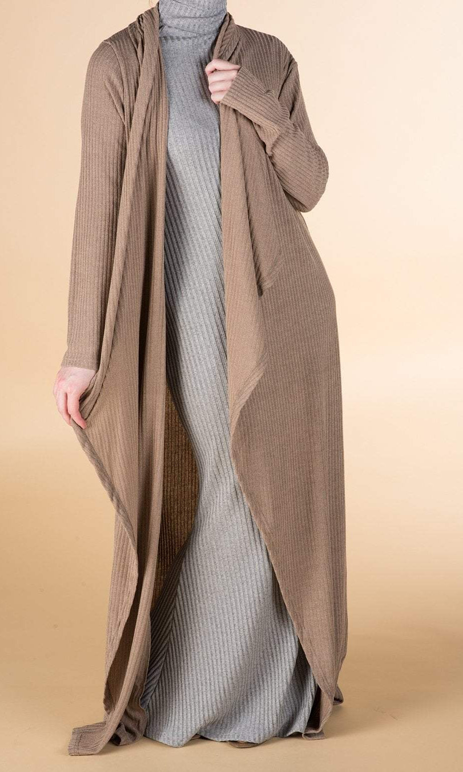 Mocha Draped Ribbed Maxi Cardigan Kabayare