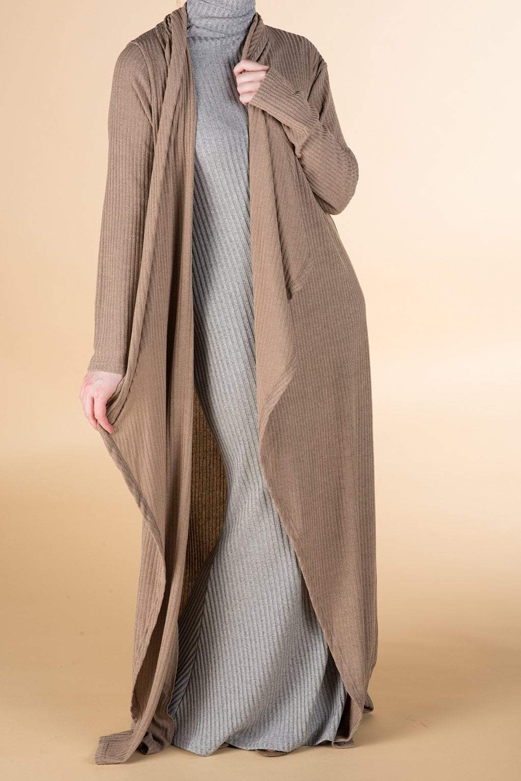 Mocha Draped Ribbed Maxi Cardigan Kabayare