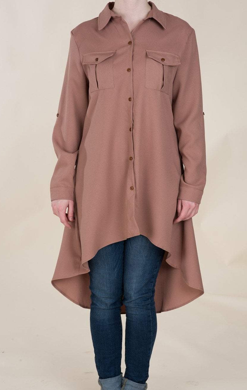 Mocha High Low Buttons Shirt Kabayare