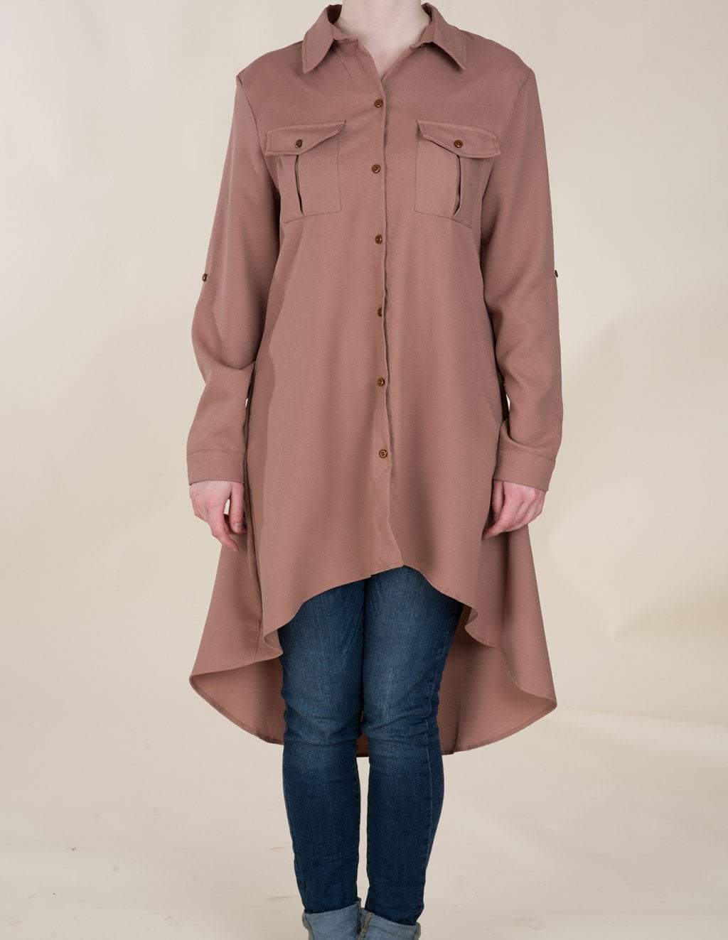 Mocha High Low Buttons Shirt Kabayare