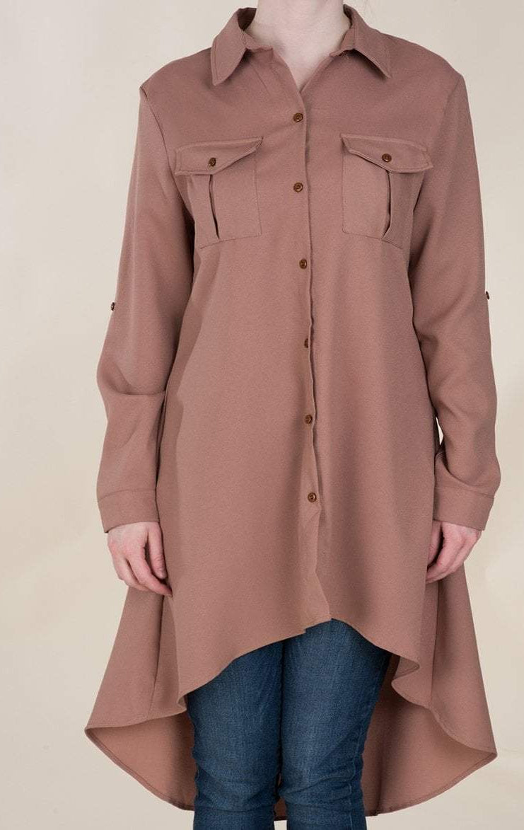 Mocha High Low Buttons Shirt Kabayare