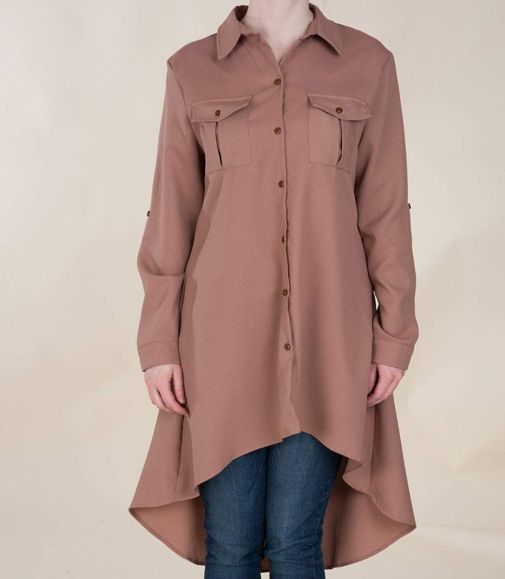 Mocha High Low Buttons Shirt Kabayare