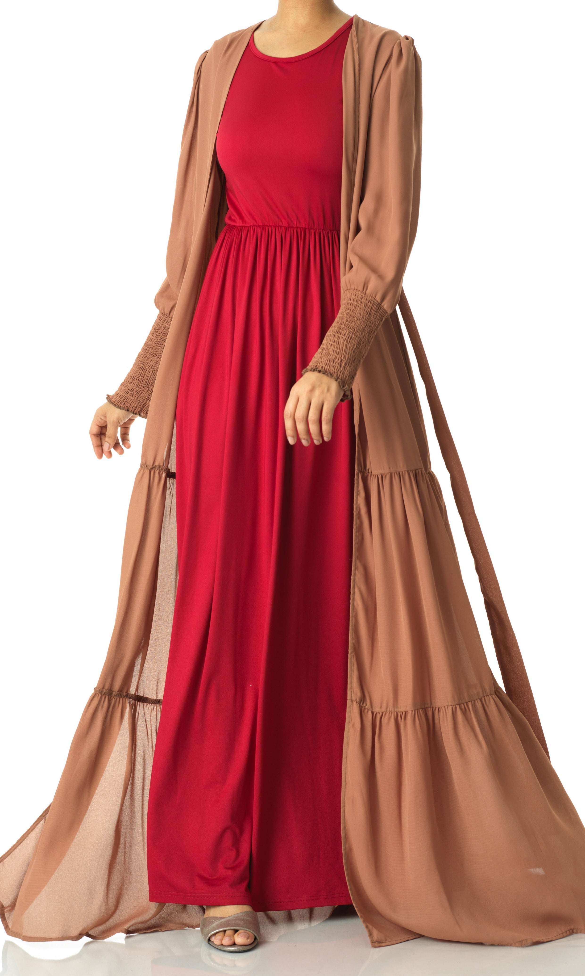 Mocha Tiered chiffon maxi cardigan Kabayare