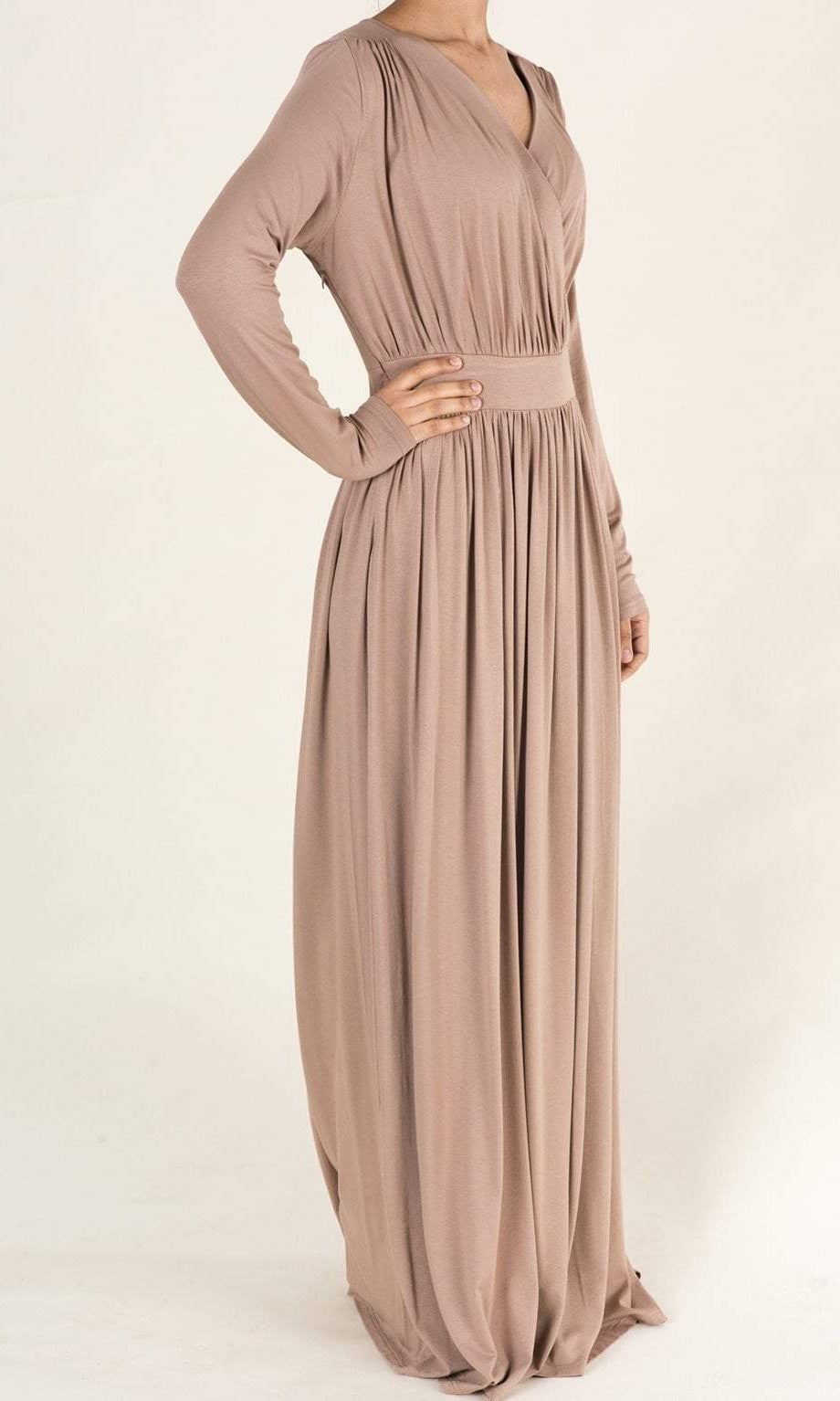 Mocha V-Neck Jersey Maxi Dress Kabayare