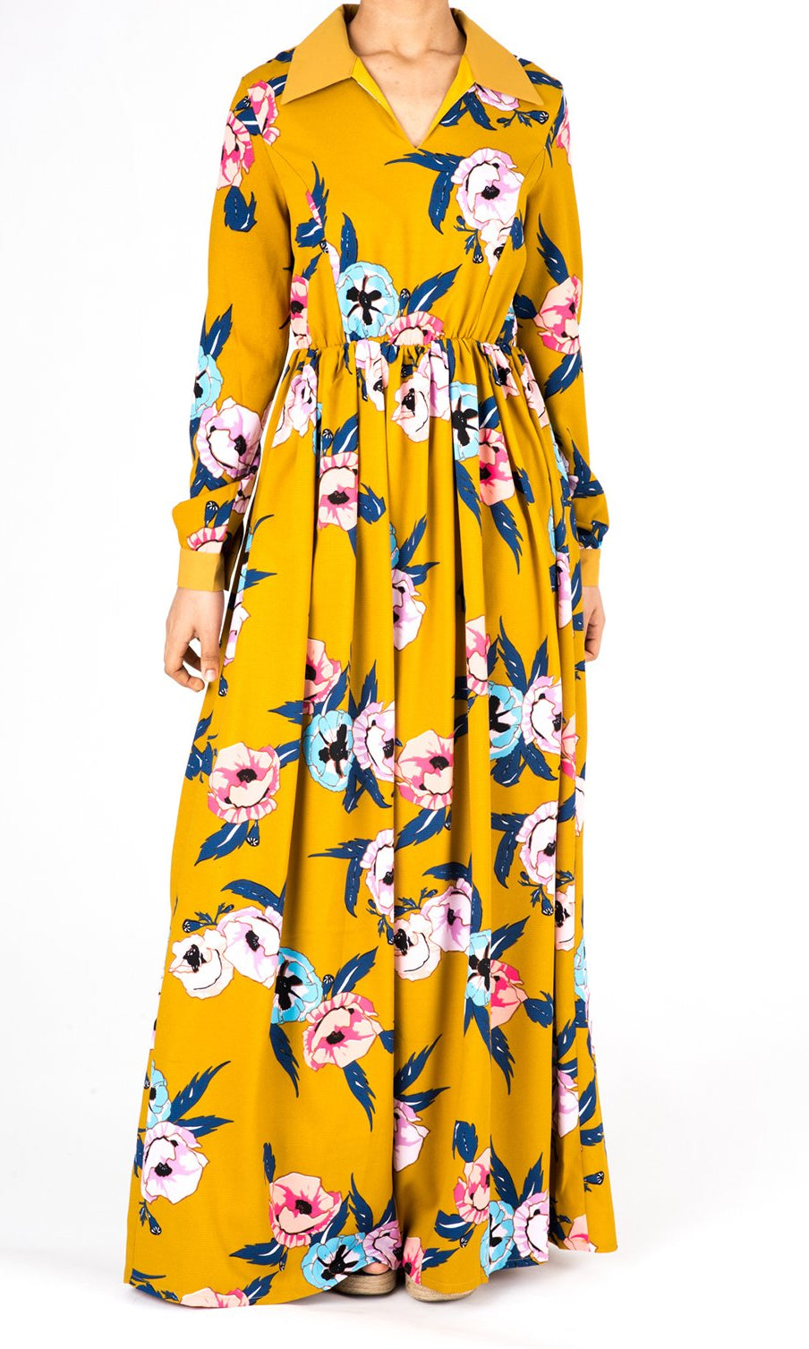 Mustard Yellow Floral Maxi Dress Kabayare