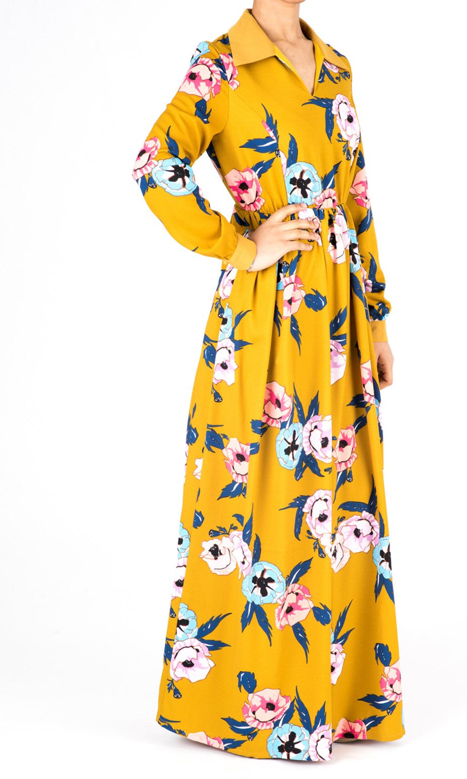 Mustard Yellow Floral Maxi Dress Kabayare