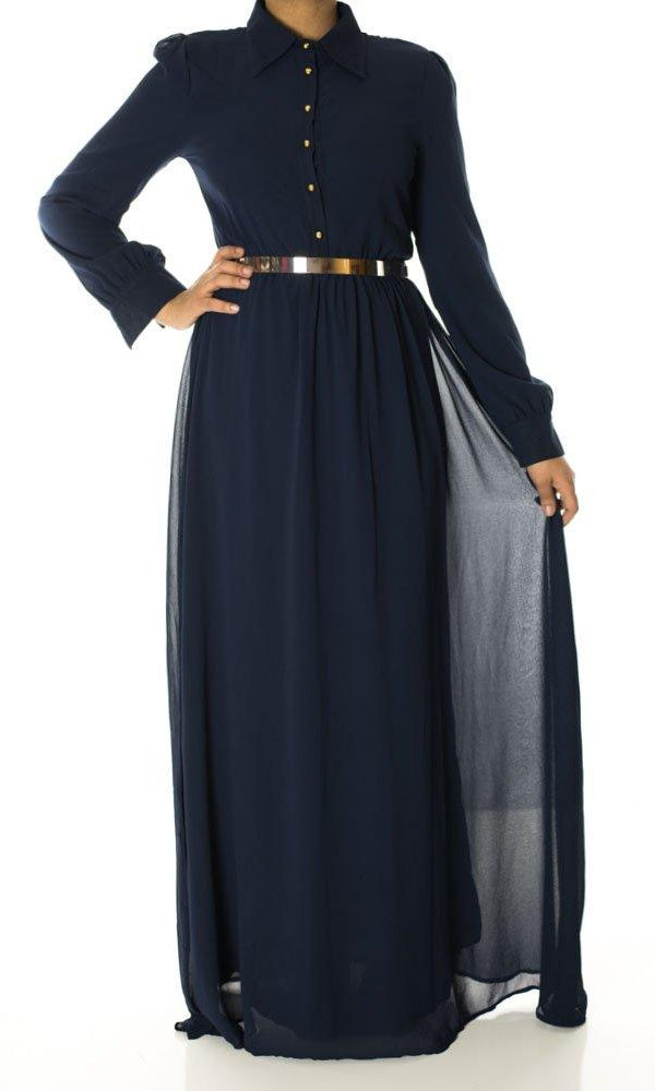 Navy Buttons Chiffon Dress Kabayare