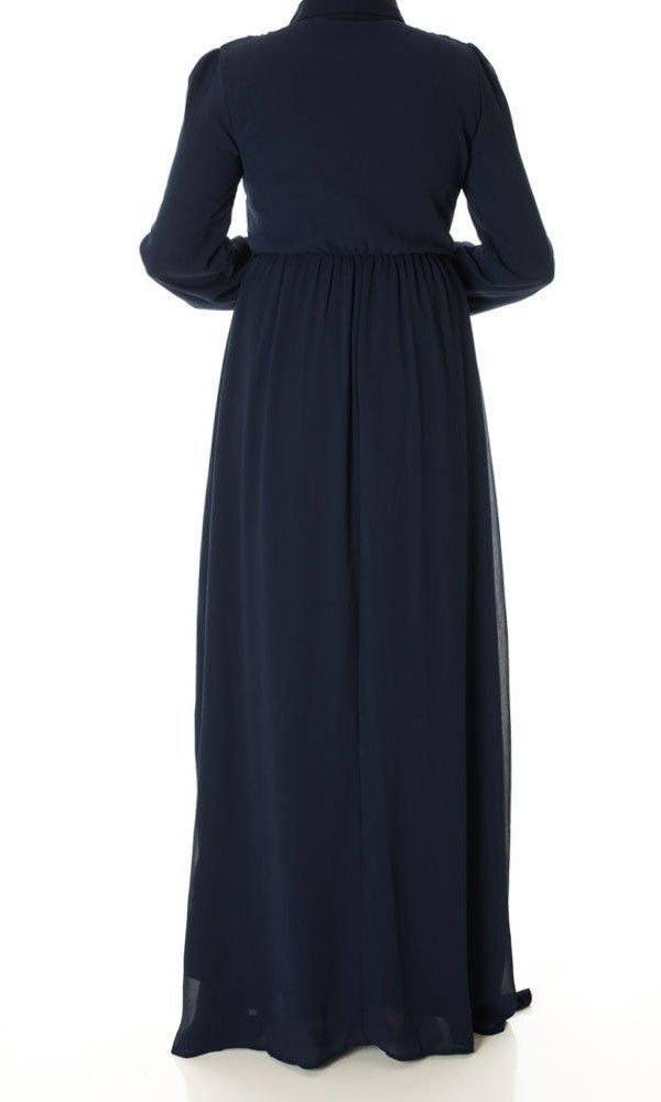 Navy Buttons Chiffon Dress Kabayare