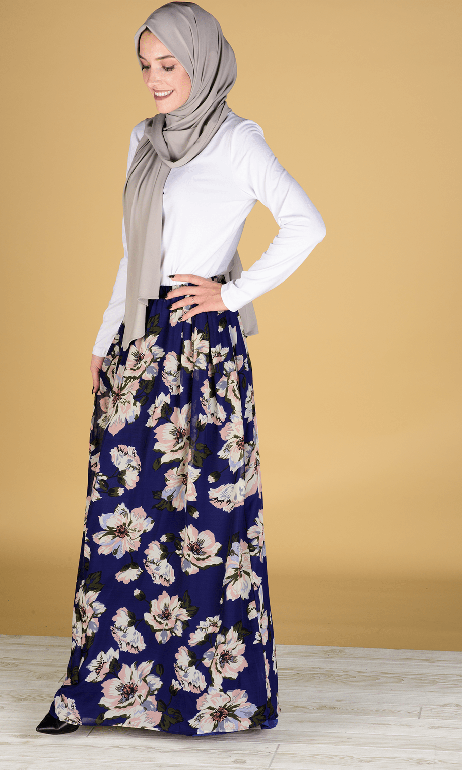 Navy Floral Chiffon Maxi Skirt Kabayare