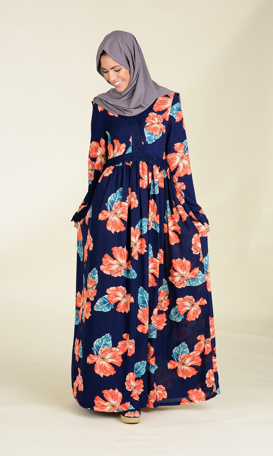 Navy Floral Print Lace-Up Maxi Dress Kabayare
