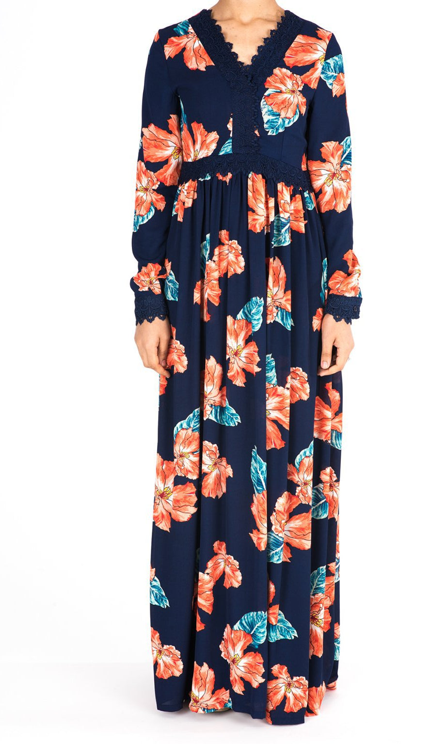 Navy Floral Print Lace-Up Maxi Dress Kabayare