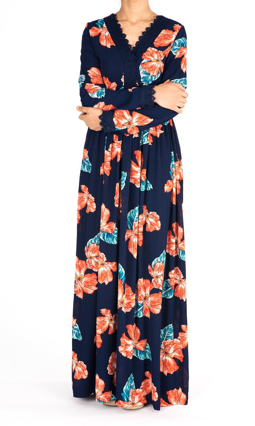Navy Floral Print Lace-Up Maxi Dress Kabayare