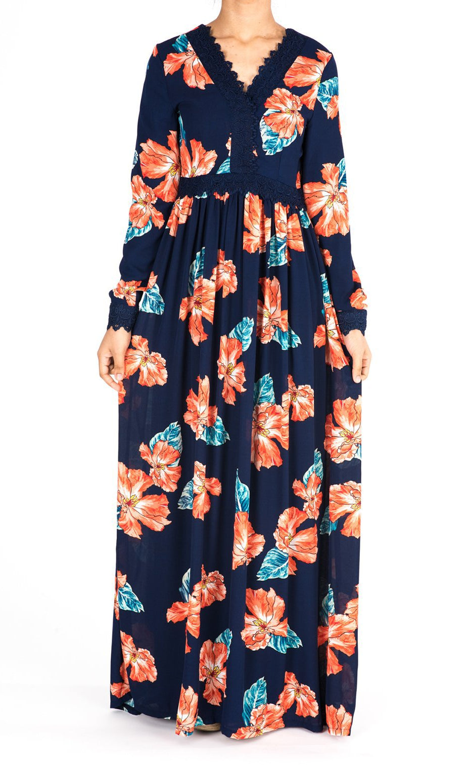 Navy Floral Print Lace-Up Maxi Dress Kabayare