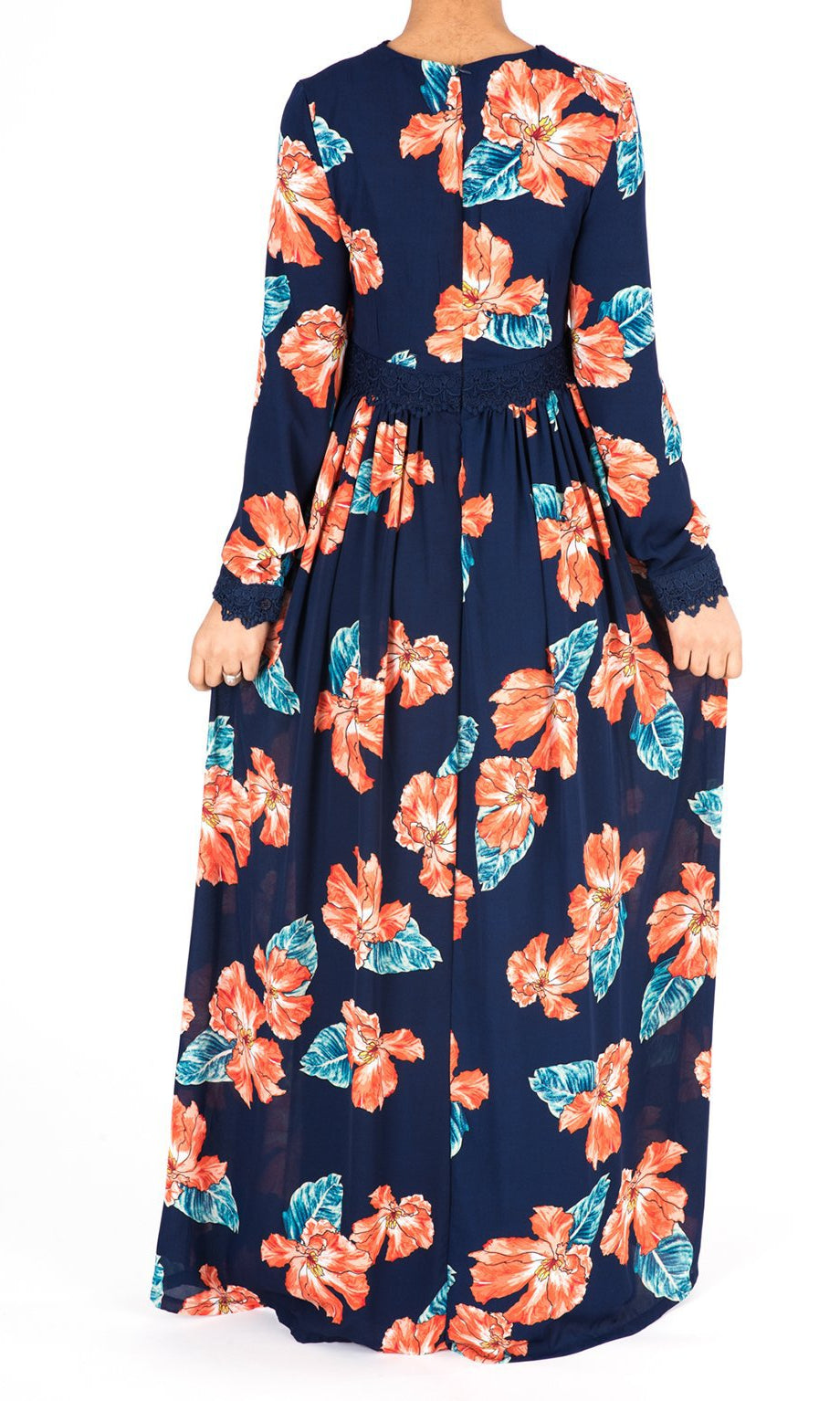 Navy Floral Print Lace-Up Maxi Dress Kabayare