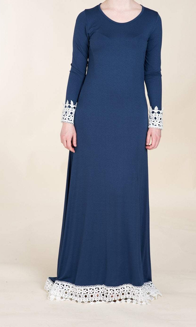 Navy Lace Trim Jersey Dress Kabayare